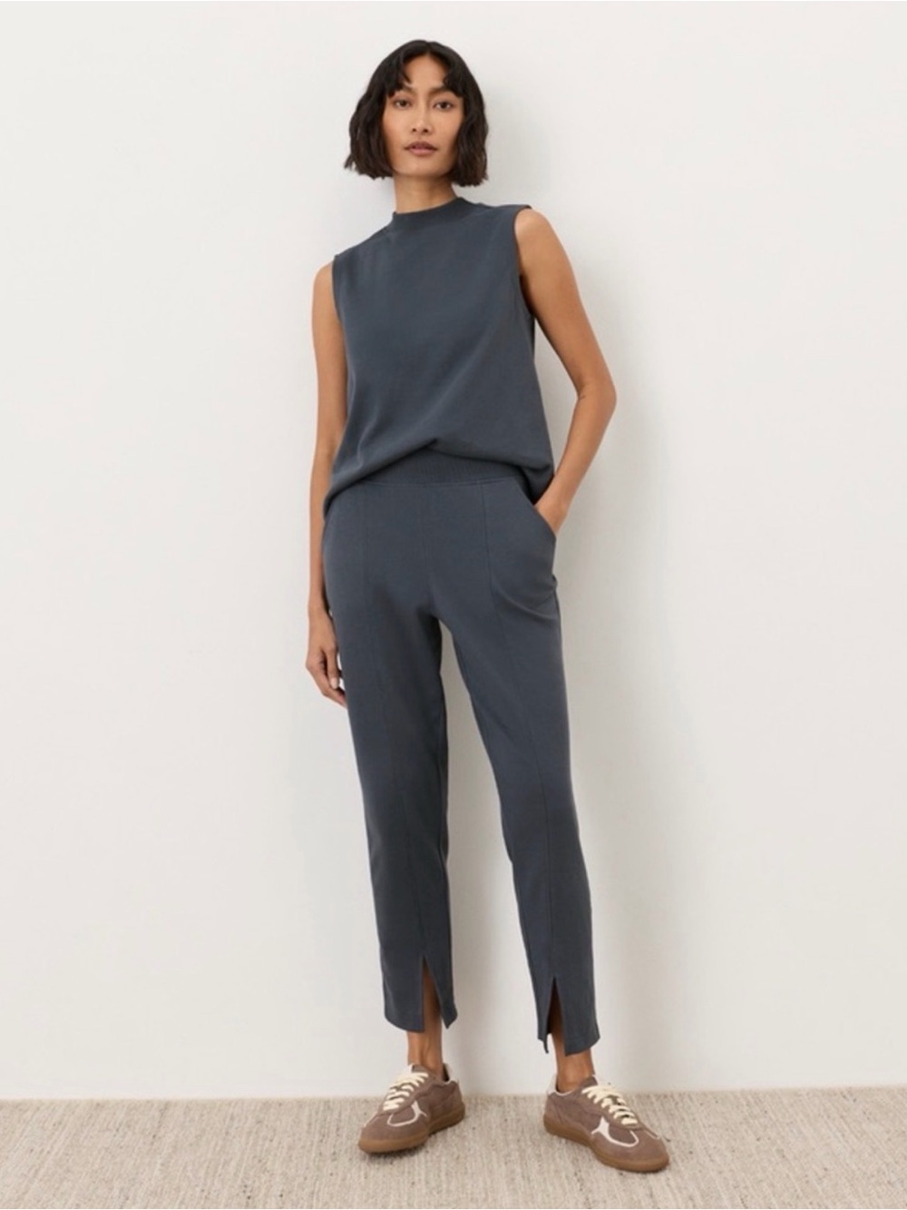 Pact organic cotton green high waist pull on straight leg stretch pocket pants